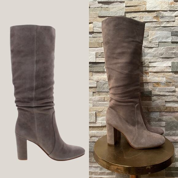 Vince Camuto 7M Sessily Suede Tall Boots | Taupe Block Heel Slouch Soft Leather - Picture 2 of 5